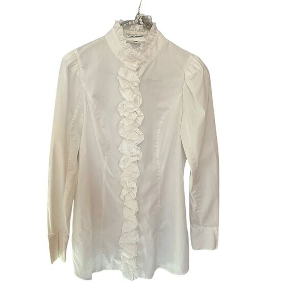 EUC Dalia Collection Long White Blouse with Ruffles - Picture 1 of 11